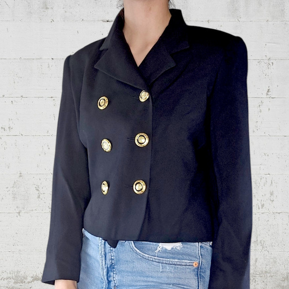 80s Vintage Black Double Breasted Deadstock Oleg Cassini Cropped Blazer Size 8 - Picture 10 of 11